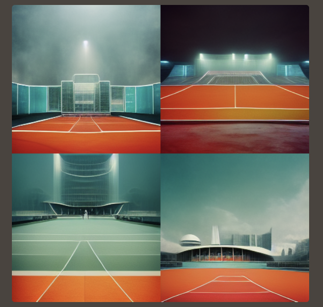 Tennis court in a futuristic city - created on Midjourney by Patrick Gilbert