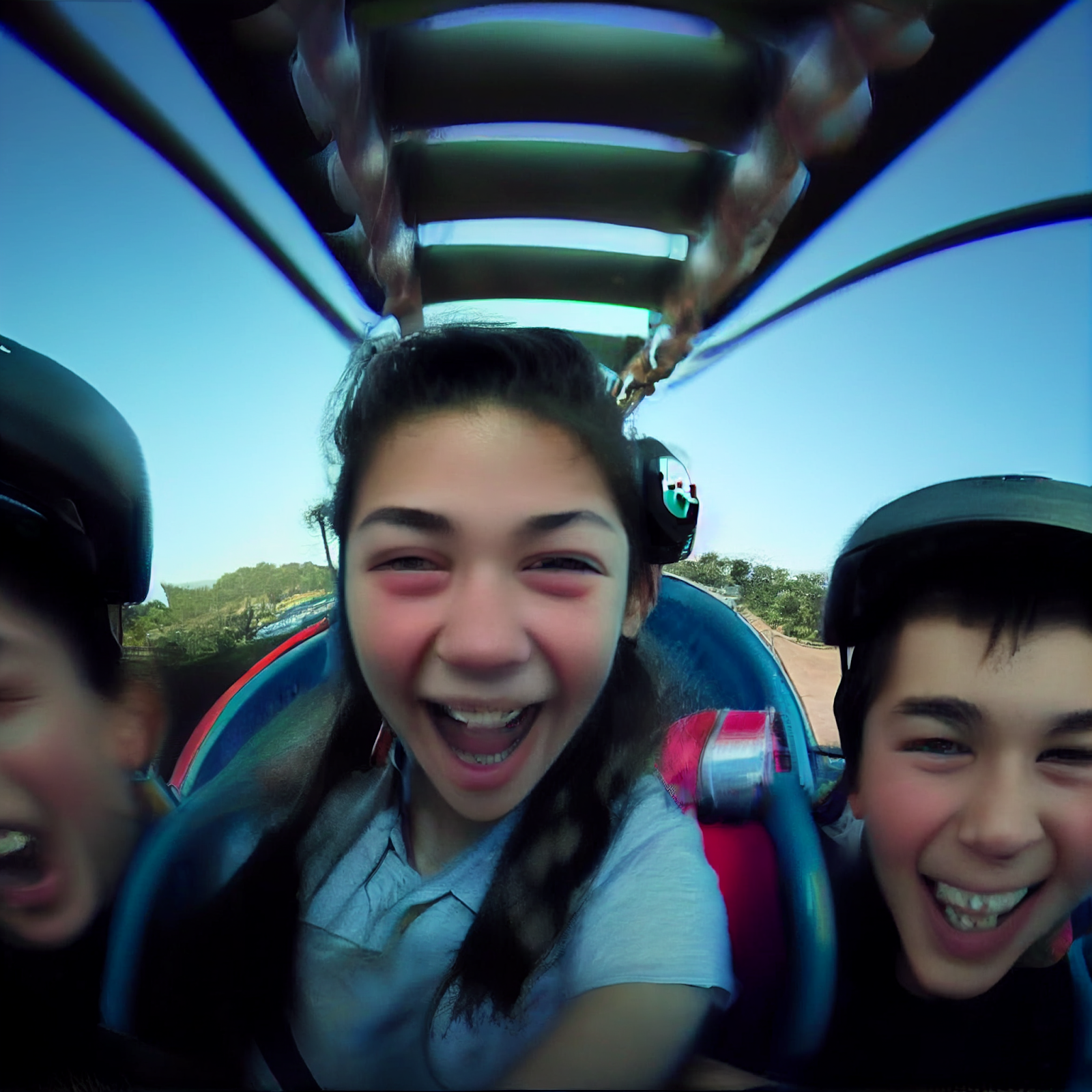 Fictional image of teenagers on a rollercoaster taking a selfie with a GoPro camera- Image created on Midjourney Text-to-Image AI by Patrick Gilbert