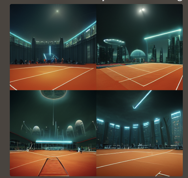 Tennis court in a futuristic city - created on Midjourney by Patrick Gilbert