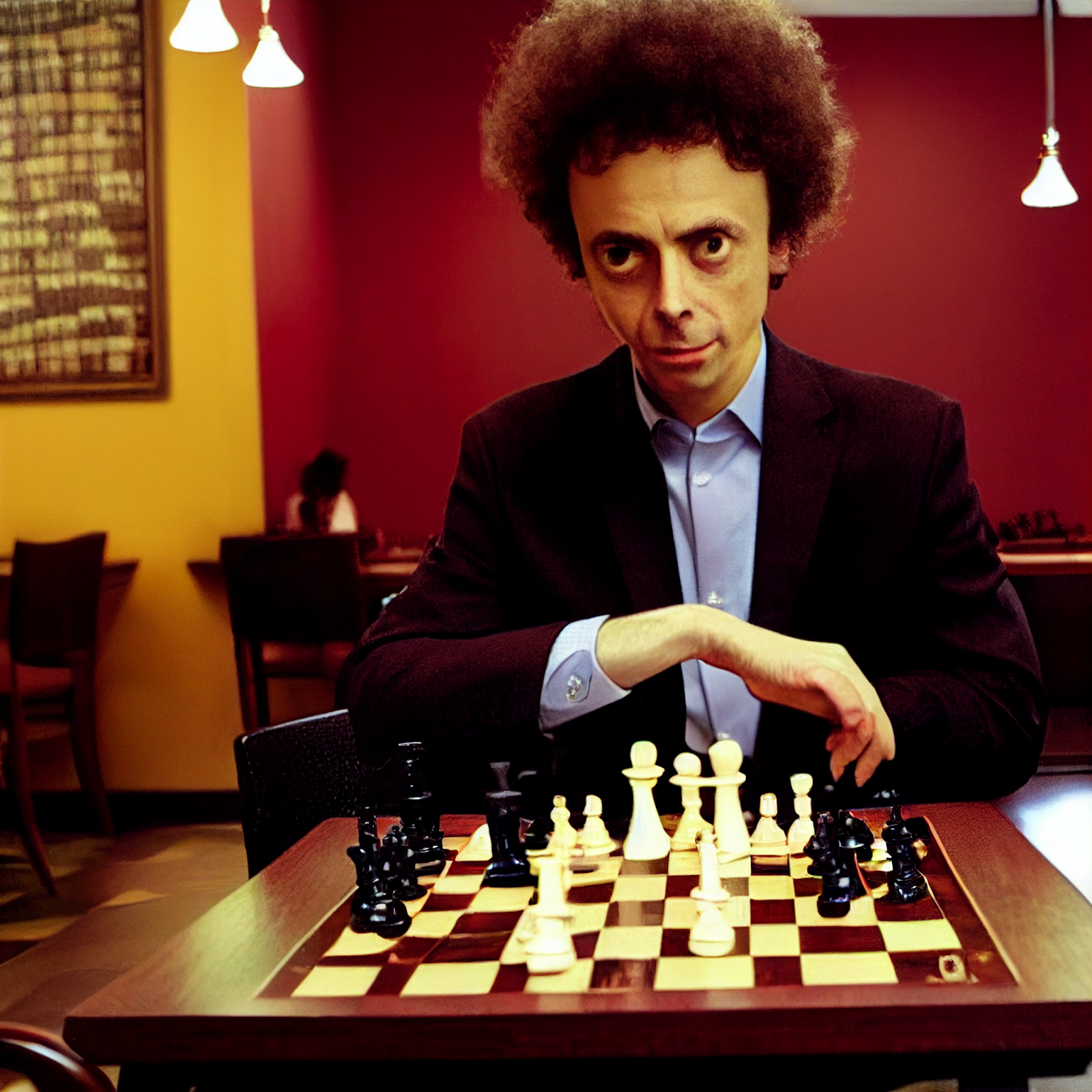 Fictional image of Malcolm Gladwell playing chess in a kosher restaurant - Image created on Midjourney Text-to-Image AI by Patrick Gilbert