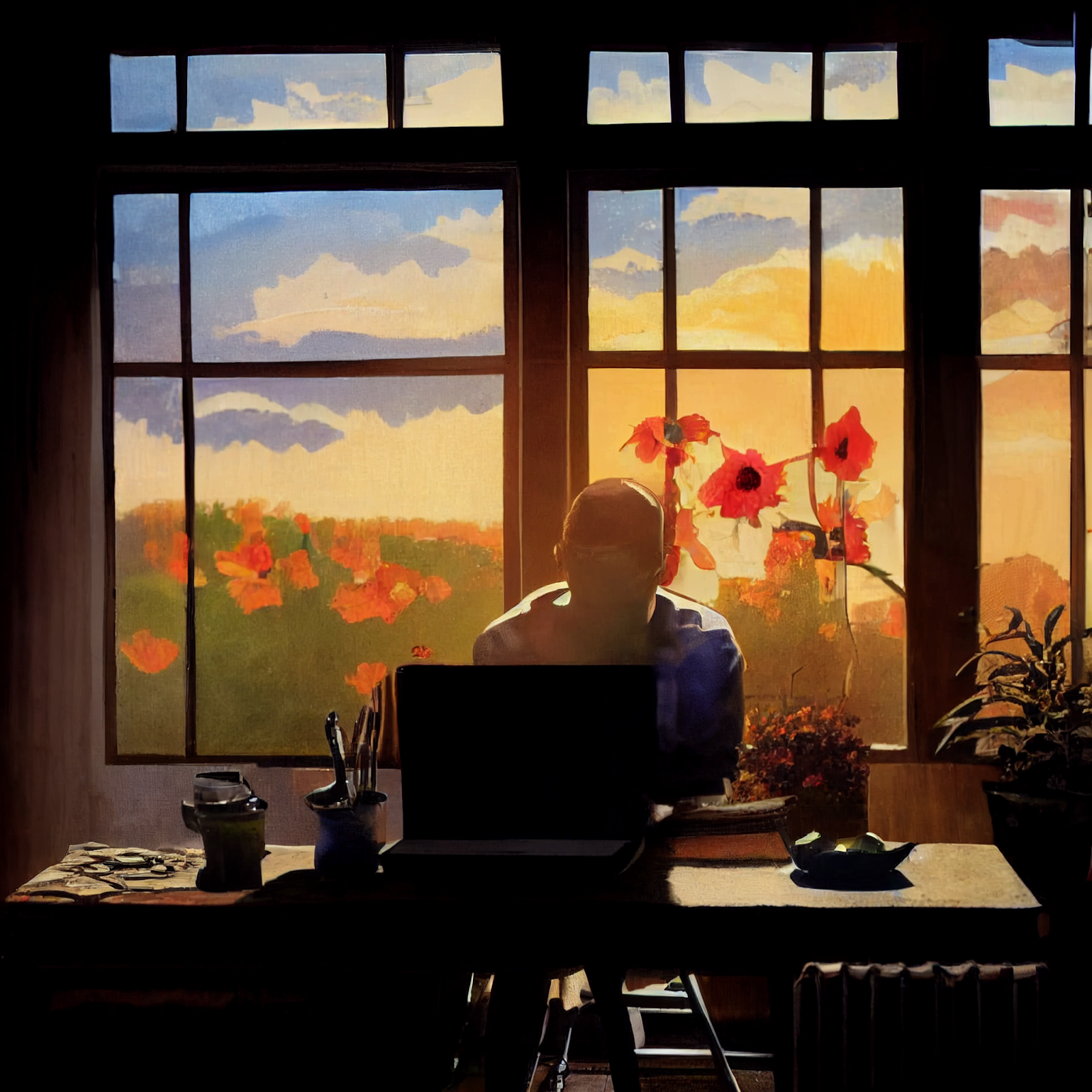 Man sitting at his kitchen table writing a blog post - Image created on Midjourney by Patrick Gilbert