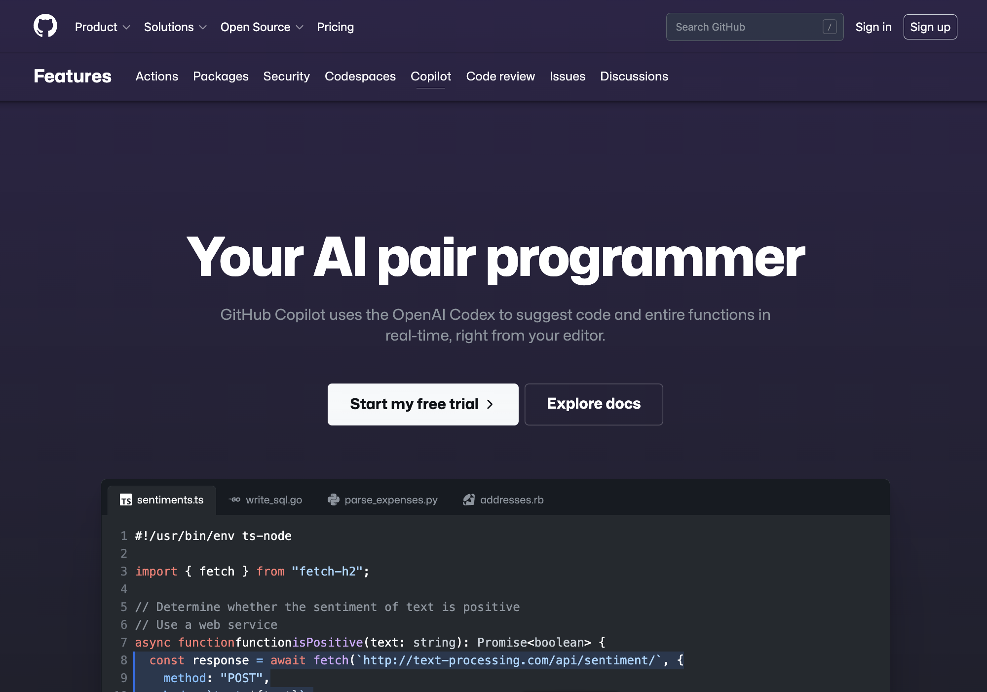 GitHub's Copilot Homepage