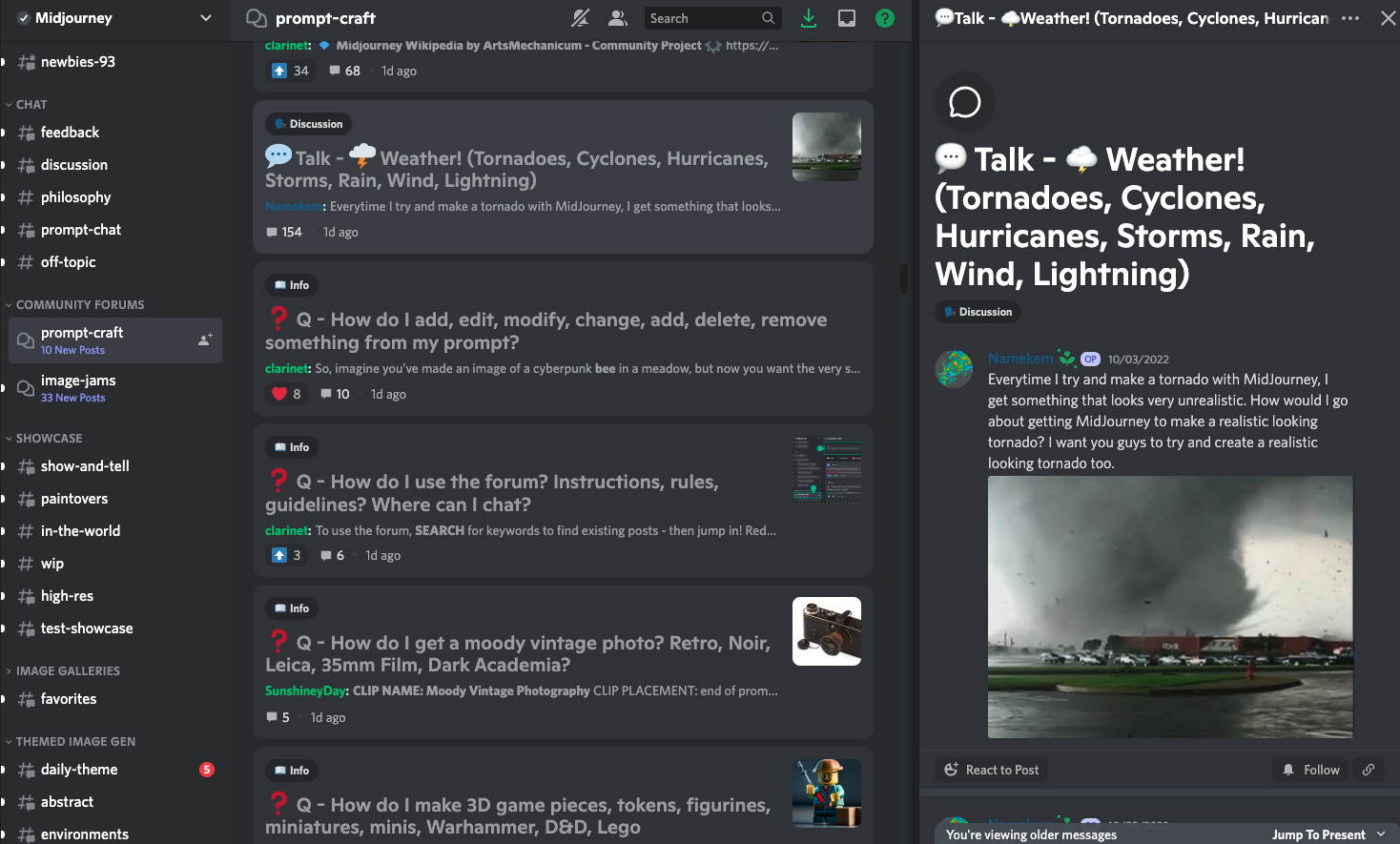 Midjourney forum in Discord discussing weather prompts
