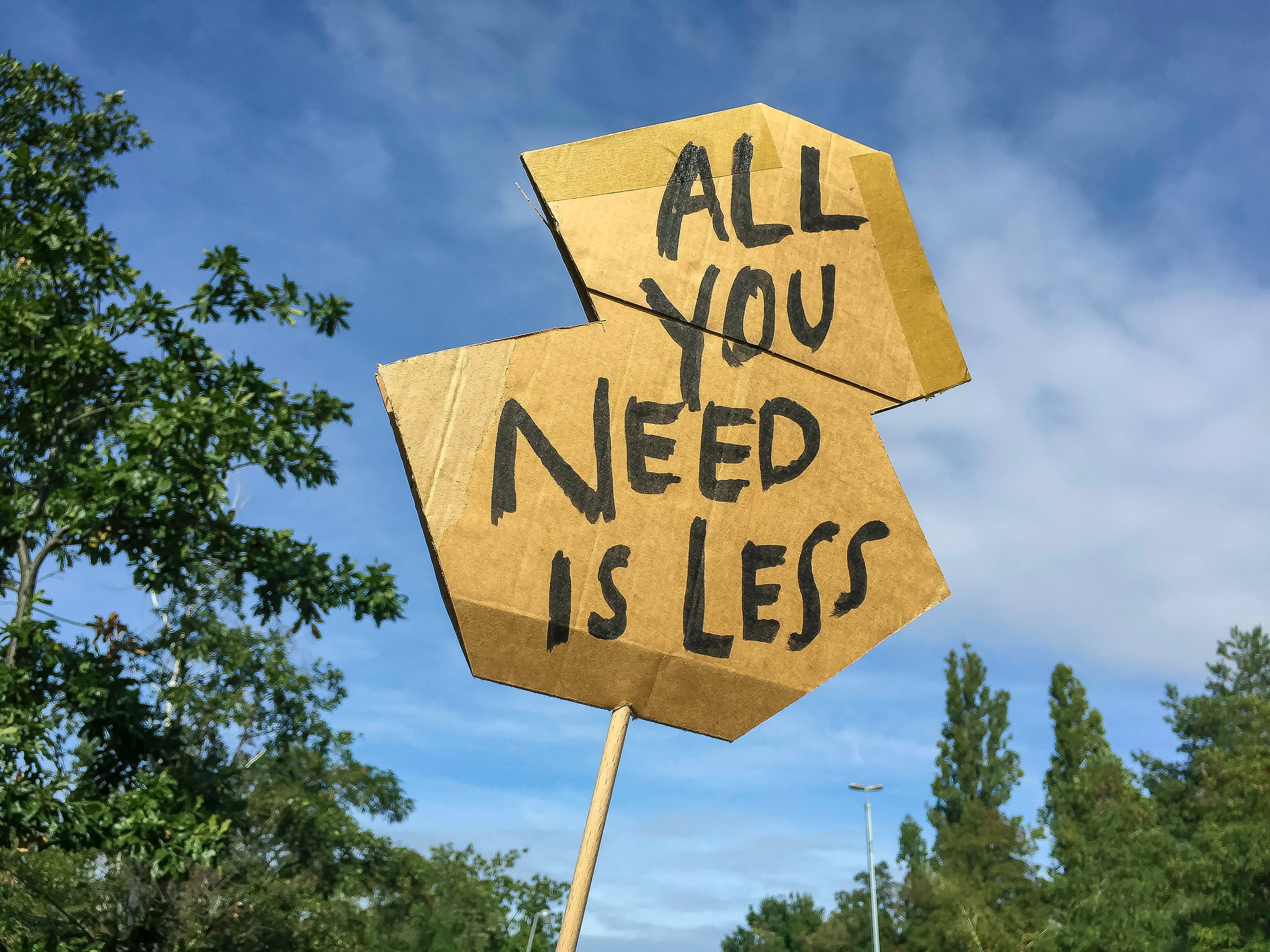 Cardboard sign that reads: All You Need Is Less