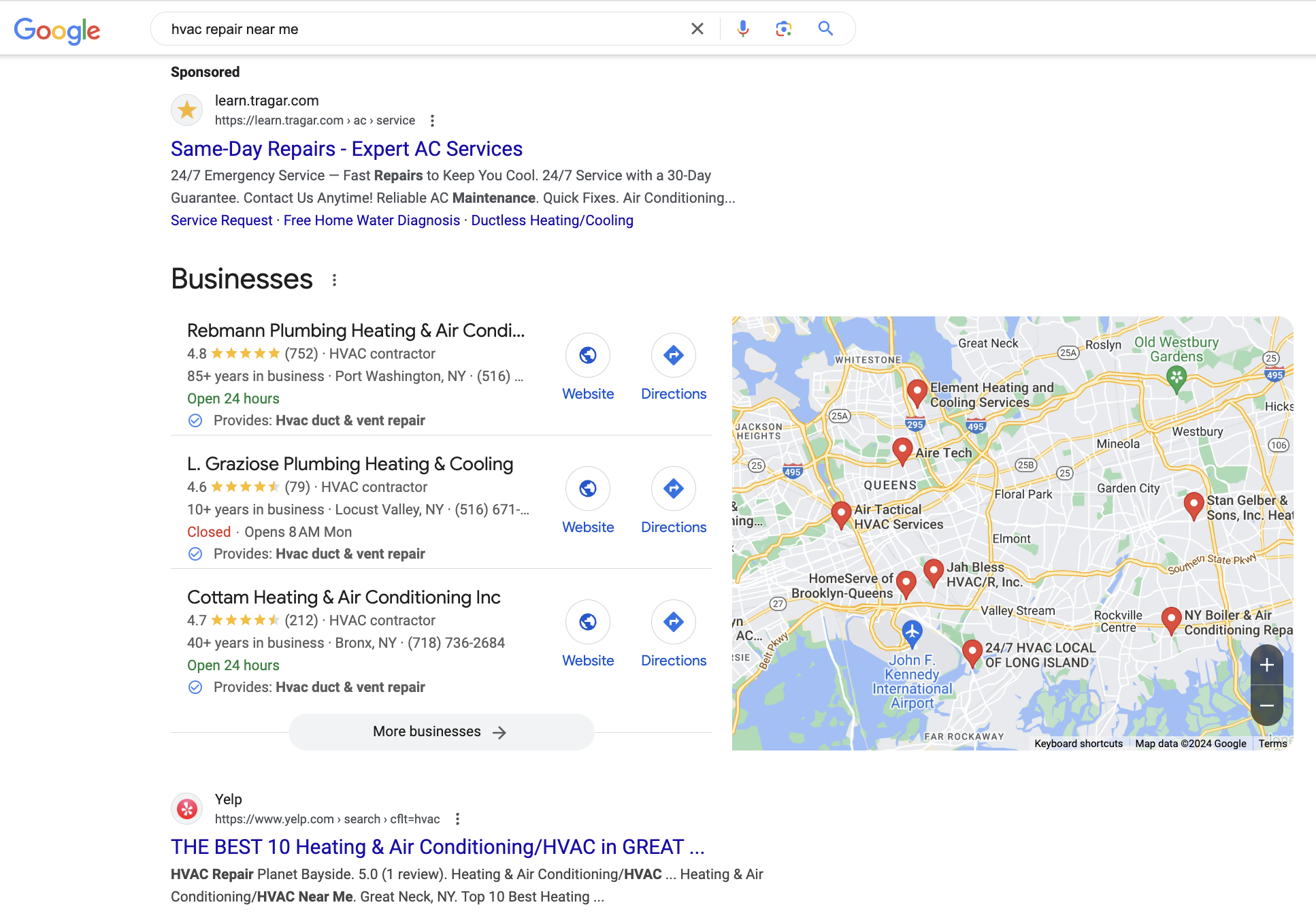 Google Search Results Page for search for "HVAC Repair Near Me" Showing Google PPC Ads, GLSA Ads, and Yelp listings as the first organic result
