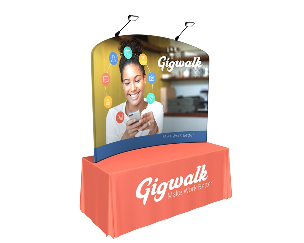 Tabletop display with branded table cover creates a large impact with a small budget