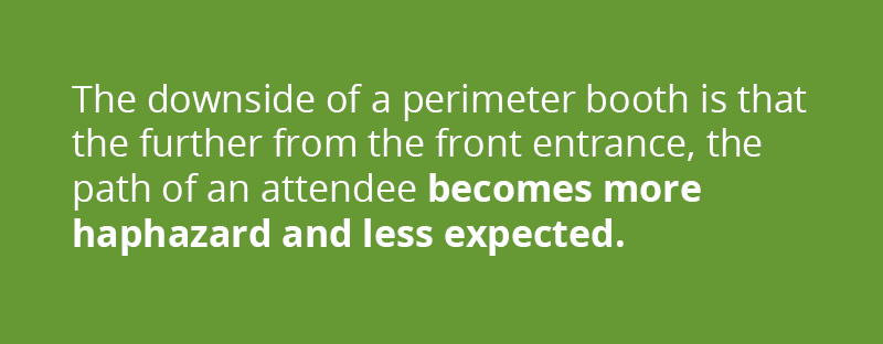 The downside of a perimeter booth is that the further from the front entrance, the path of the expo attendee becomes more haphazard and less expected.