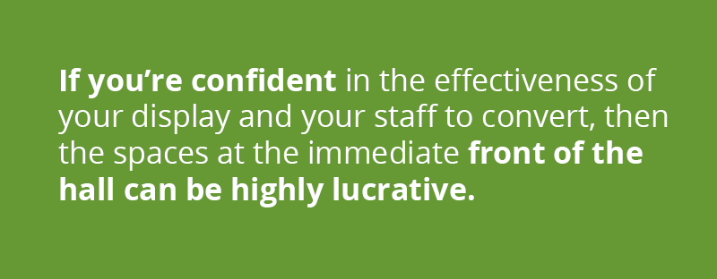 If you’re confident in the effectiveness of your trade show display and your booth staff to convert, then the spaces at the immediate front of the hall can be highly lucrative.