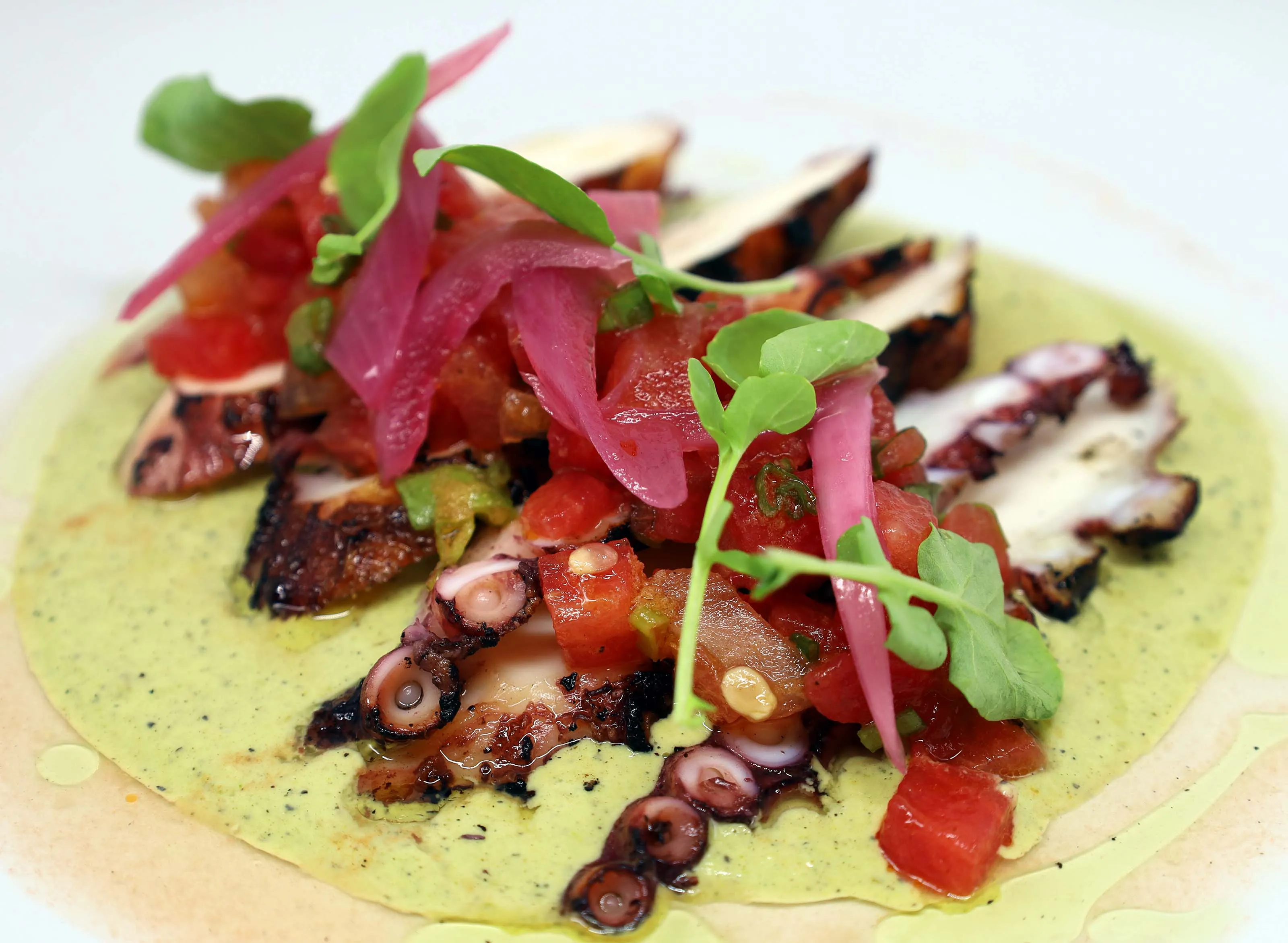 Spanish Octopus with roasted watermelon and jalapeno crema