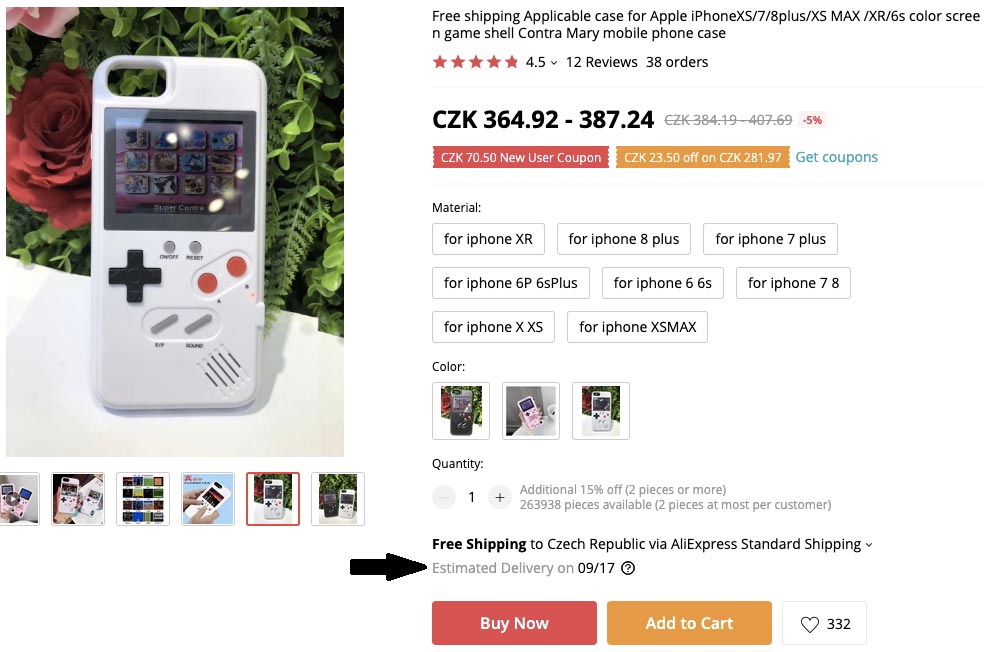 Stránka produktu GameBoy na AliExpressu se šipkou, která ukazuje na očekávané datum dodání produktu.