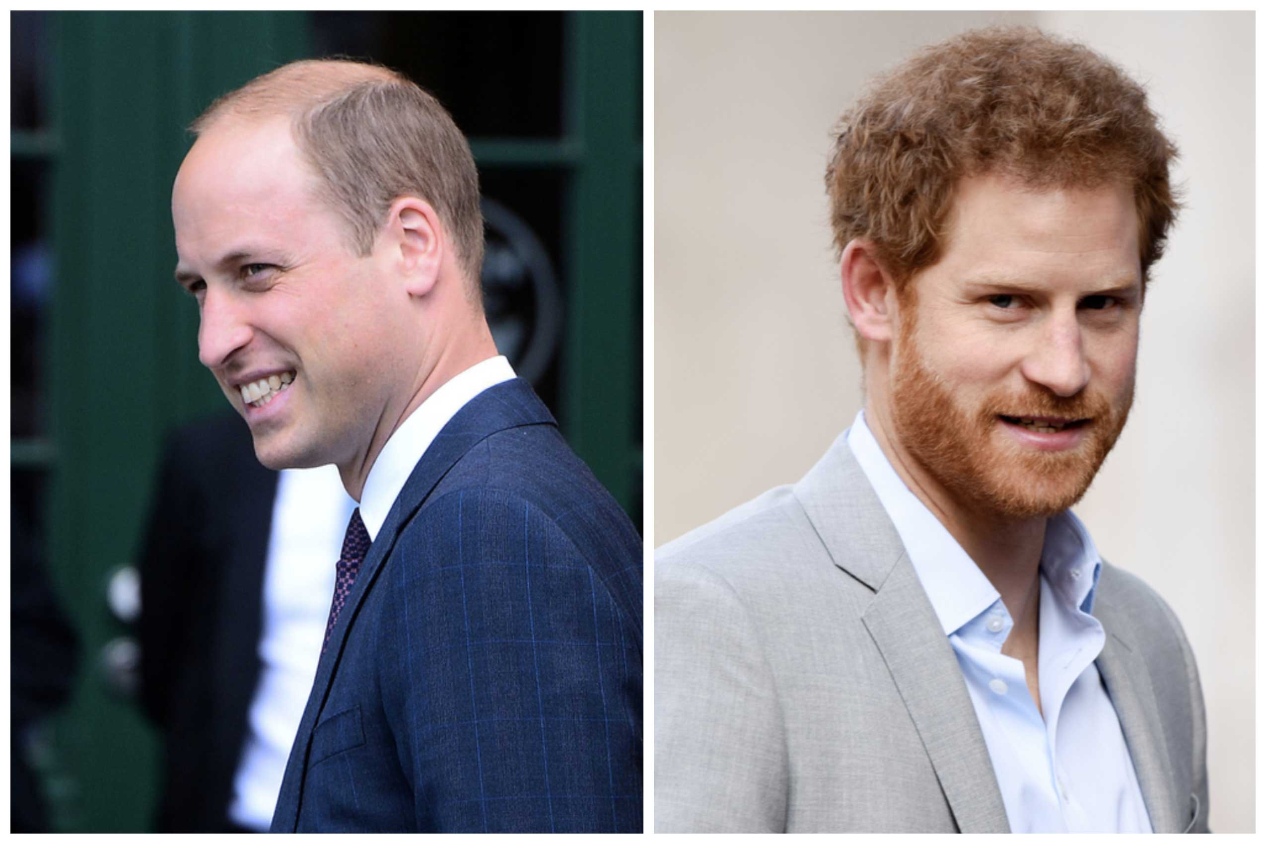 Usmívající se princové William a Harry v elegantních oblecích.