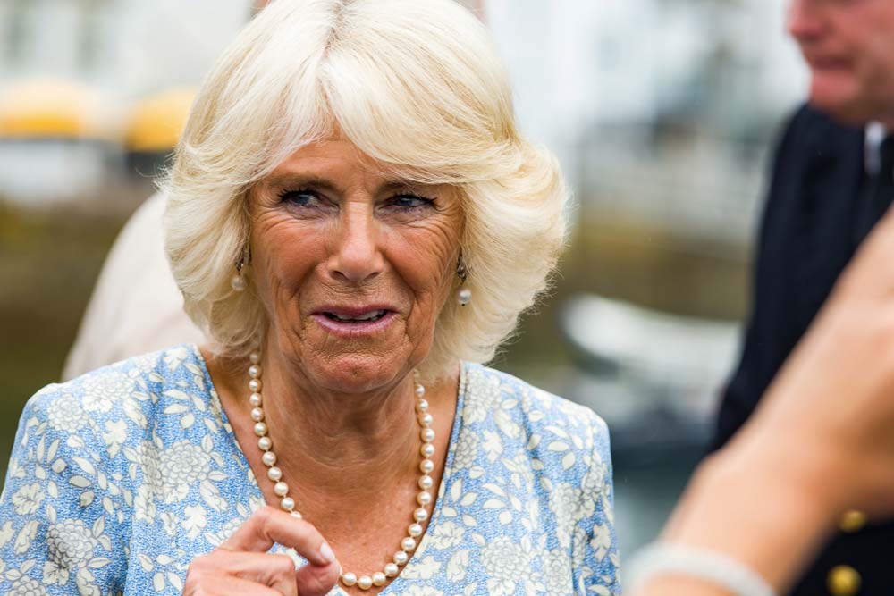 Manželka prince Charlese, Camilla, se s podezřívavým výrazem kouká do davu.
