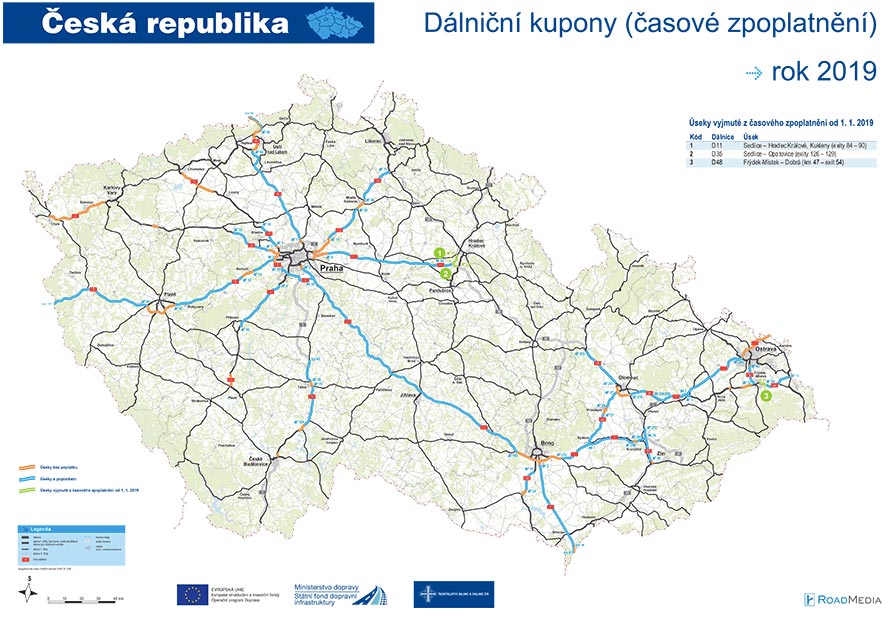 Placené a neplacené dálniční úseky na mapě od SFDI.