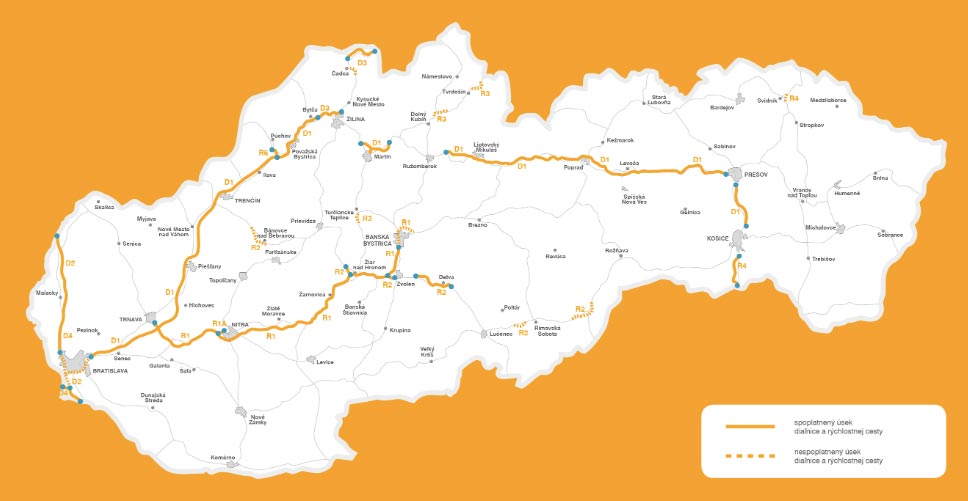 Mapa Slovenska s vyznačenými neplacenými a placenými úseky dálnice, pro které je potřeba dálniční známky.