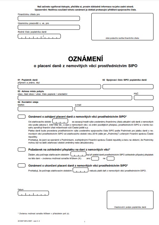 První stránka černobílého tištěného formuláře k oznámení o placení daně z nemovitých věcí prostřednictvím SIPO.