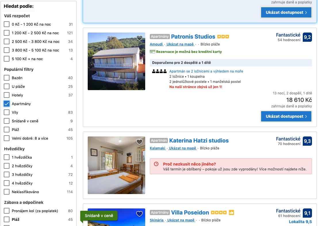 Webová stránka portálu Booking.com s nabídkou 3 ubytování v Zakynthosu a mnoha filtry pro přesnější výběr.