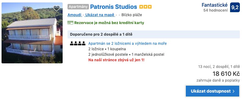 Náhled ubytování Patronis Studios v řeckém Zakynthosu obsahující info o ceně, hodnocení a počtu pokojů a postelí.