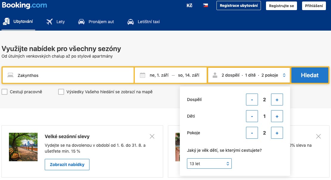 Úvodní internetová stránka portálu Booking.com, na které si můžeme navolit, o jaké ubytování a termíny máme zájem.