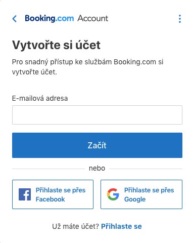 Registrační formulář na Booking.com, který slouží k založení účtu - v prvním kroku požaduje email, později pak vaše jméno.