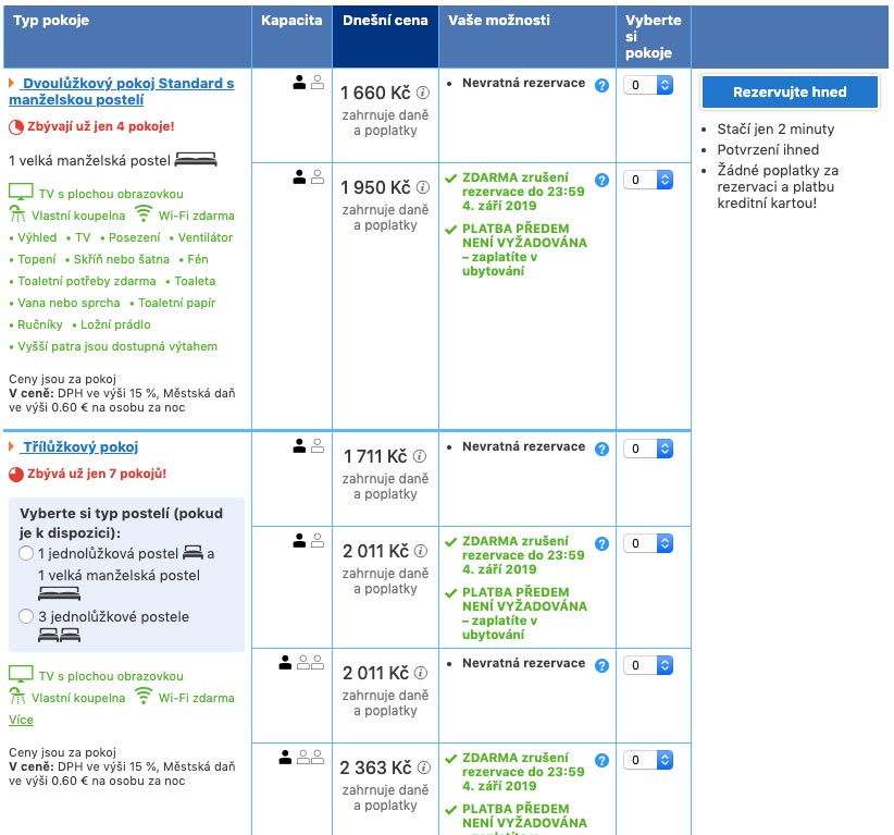 Rezervační tabulka na Booking.com, která obsahuje informace o zrušení ubytování - ty najdete v kolonce "Vaše možnosti".