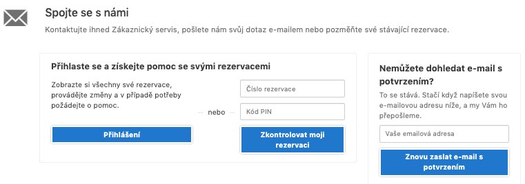 Kontaktní formulář na Booking.com pro neregistrované uživatele - pro postup budete potřebovat číslo rezervace nebo PIN.