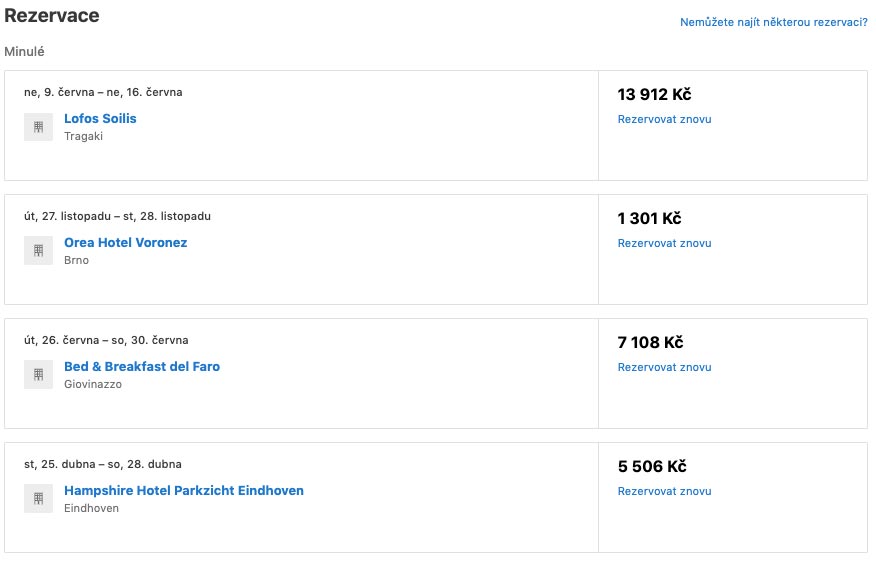 Internetová stránka Booking.com se všemi rezervacemi, které jsme provedli v poslední době.