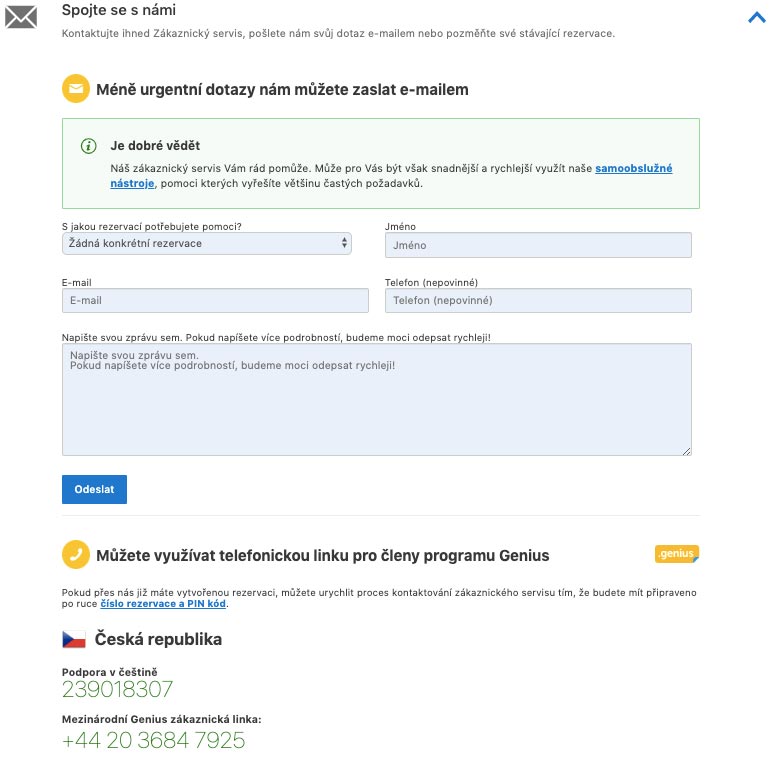 Kontaktní formulář na Booking.com pro registrované uživatele - stačí zadat jméno, email a váš problém a "Odeslat".