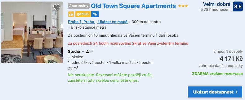 Náhled ubytování na stránce Booking.com, které má na sobě zlatý štítek "genius", protože je zapojeno do věrnostního programu.