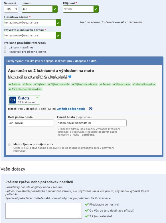 Formulář na stránce Booking.com, který slouží pro rezervaci ubytování. Pro dokončení je potřeba zadat osobní detaily.