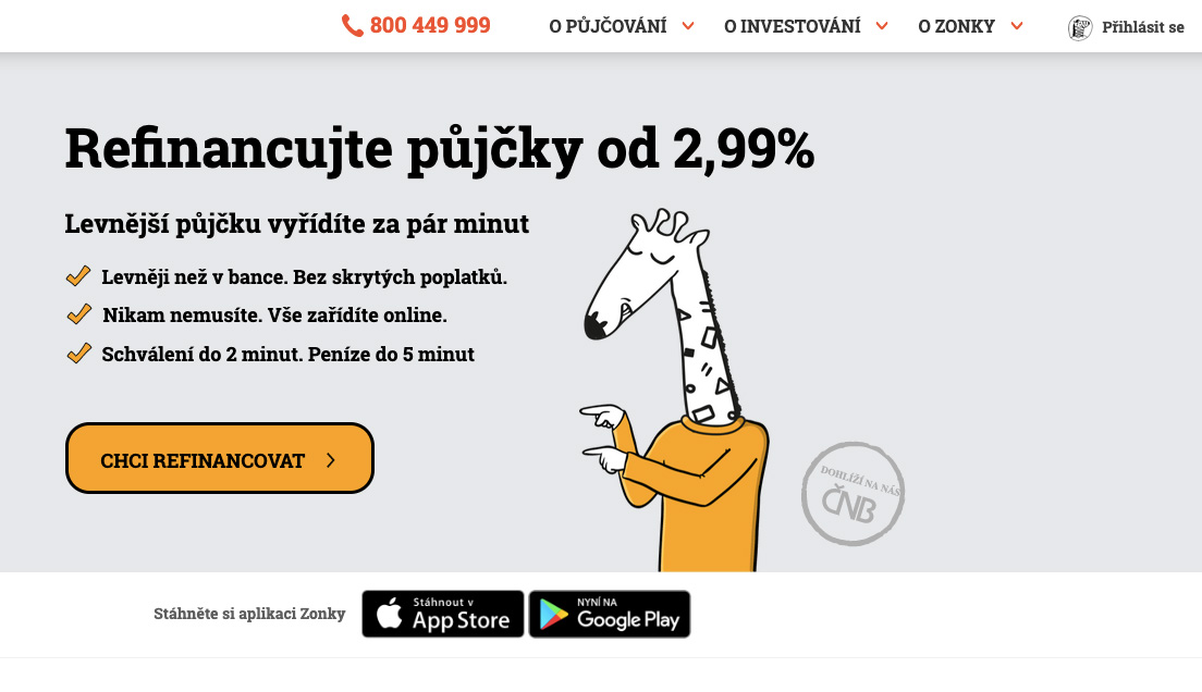 Internetová stránka portálu Zonky s nabídkou refinancování půjčky od 2,99 %.