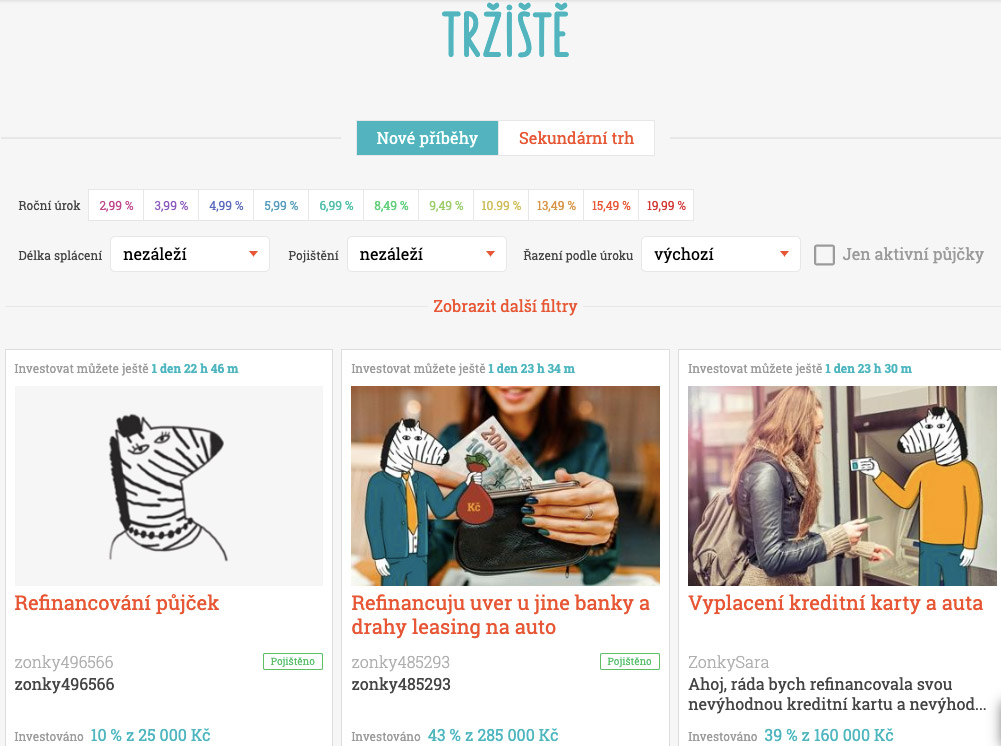 Tržiště půjček na stránce Zonky, kde se objevují příběhy lidí, kteří žádají o půjčku.
