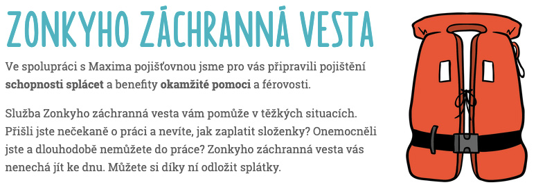 Stránka s červenou vestou a textem, který popisuje výhody pojištění půjčky na Zonky.