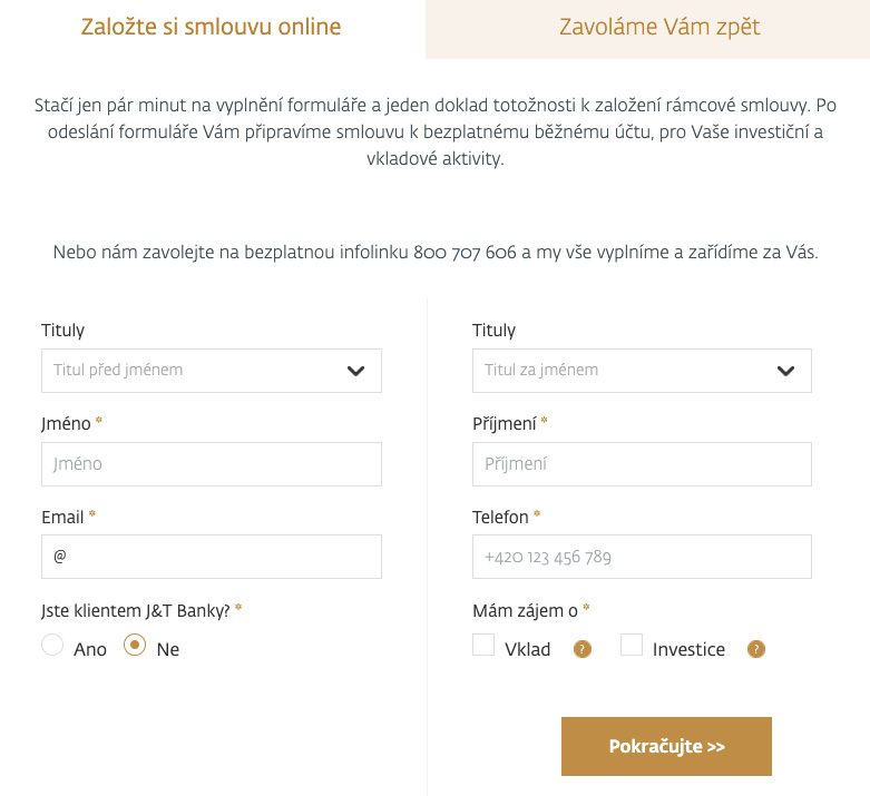 Internetový formulář J&T Banky, přes který je možné otevřít si u banky účet a začít investovat.