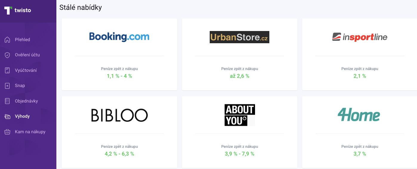 Některé eshopy, ve kterých můžete díky Twisto získat procenta nákupu zpět díky cash backu.