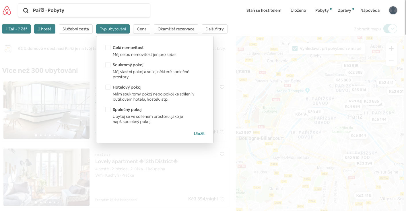 Filtrování na Airbnb - vybíráme, o jaký typ ubytování máme zájem (celý byt, soukromý pokoj atd.).