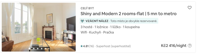 Screenshot detailu ubytování na Airbnb - ukazuje fotku apartmánu, cenu za noc, hodnocení, počet lůžek a počet koupelen.