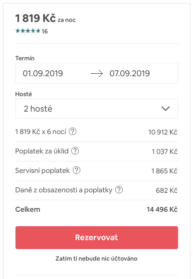 Screenshot s cenou za ubytování na Airbnb, který ukazuje celkovou cenu 14 496 Kč, poplatek za úklid a servis a daň.