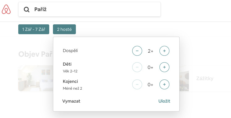 Základní zadávané údaje na stránce Airbnb jako kam se cestuje, datum a počet ubytovaných hostů.