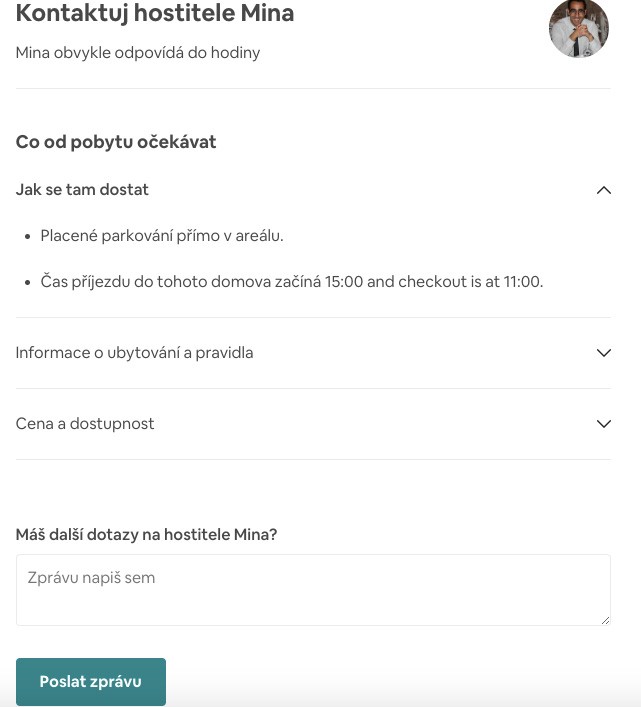 Stránka s kontaktem na hostitele na Airbnb - v tomto případě jde o hostitele Minu, který nabízí ubytování v Paříži.