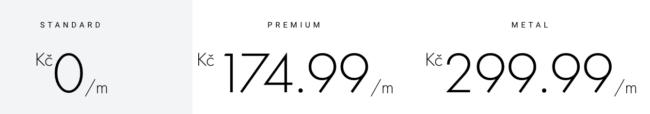 3 typy účtu na Revolutu: Standard (zdarma) a Premium (174,99 Kč měsíčně) a Metal (299,99 Kč měsíčně).