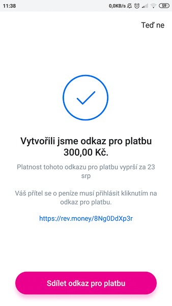 Screenshot aplikace Revolutu zachycující fungování funkce Platba přes URL.
