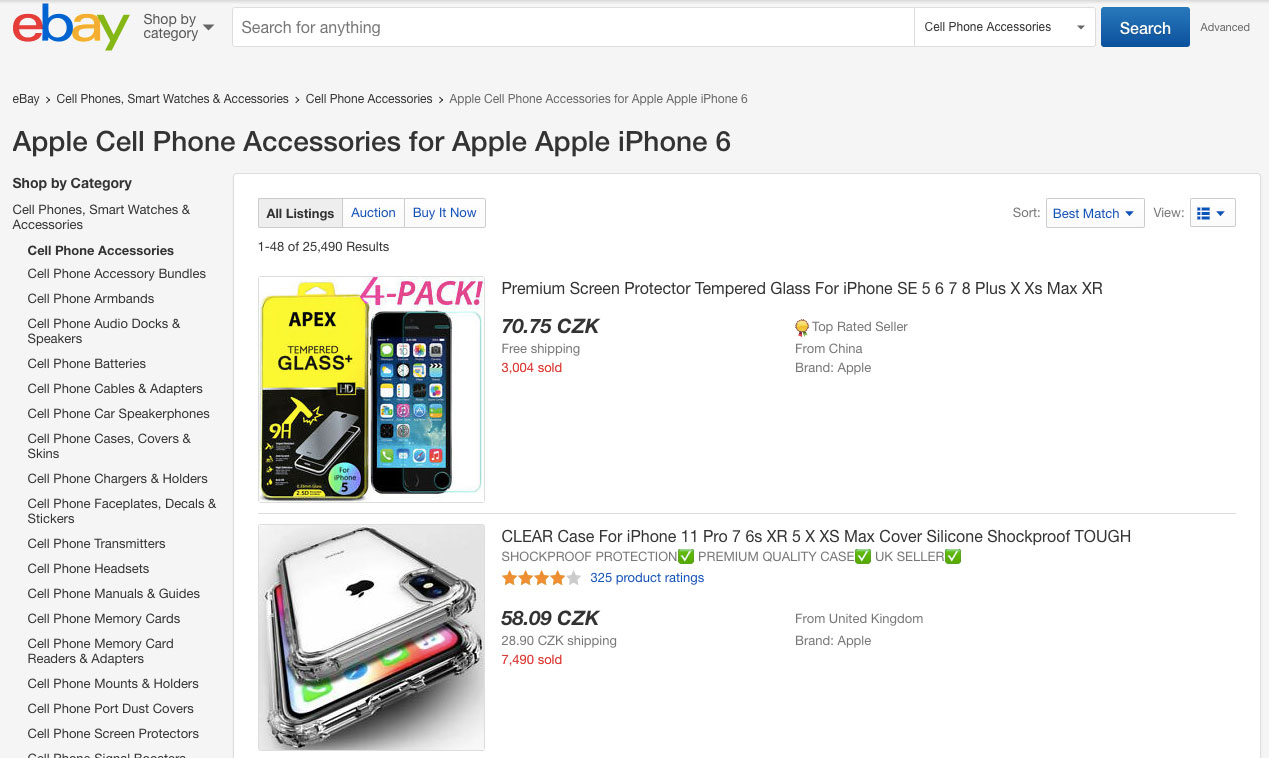 Vyhledávání zboží na stránce eBay - toto vyhledávání probíhá v kategorii "Příslušenství pro iPhone 6 od Applu".