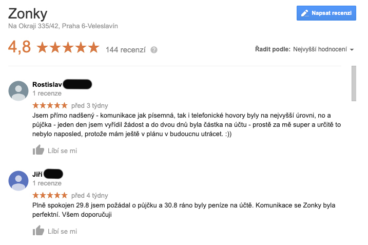 Screenshot s recenzemi služby Zonky na Googlu - služba tam má celkem 144 recenzí a skóre 4,8 hvězdičky z 5.