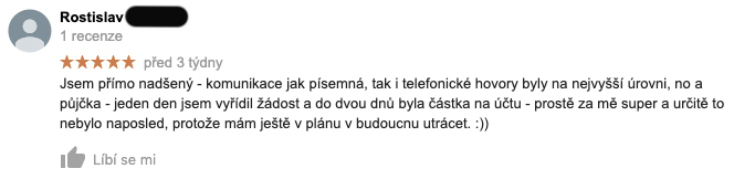 3 týdny stará recenze služby Zonky na Googlu - recenzent Rostislav chválí úroveň komunikace a rychlost vyřízení půjčky.