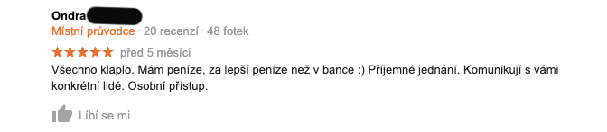 5 měsíců stará recenze služby Zonky na Googlu - recenzent Ondra chválí osobní přístup a úrok, který byl lepší než v bance.