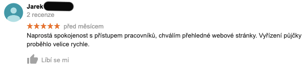 Měsíc stará recenze služby Zonky na Googlu - recenzent Jarek chválí rychlé vyřízení půjčky a přehledné webové stránky.
