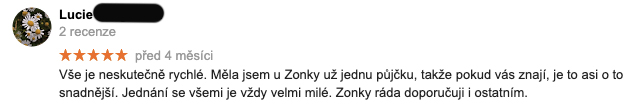 4 měsíce stará recenze služby Zonky na Googlu - recenzentka Lucie chválí, že je vše "neskutečně rychlé".