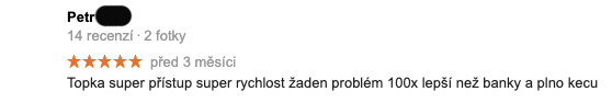 Recenze služby Zonky na Googlu - recenzent Petr píše, že zažil "super rychlost a super přístup".