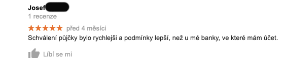 Recenze služby Zonky na Googlu - recenzent Josef píše, že schválení půjčky bylo rychlejší a podmínky lepší než u jeho banky.