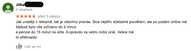 Recenze služby Zonky na Googlu - recenzentka Jitka chválí, že vše bylo vyřízeno do 5 minut za "opravdu nízký úrok".